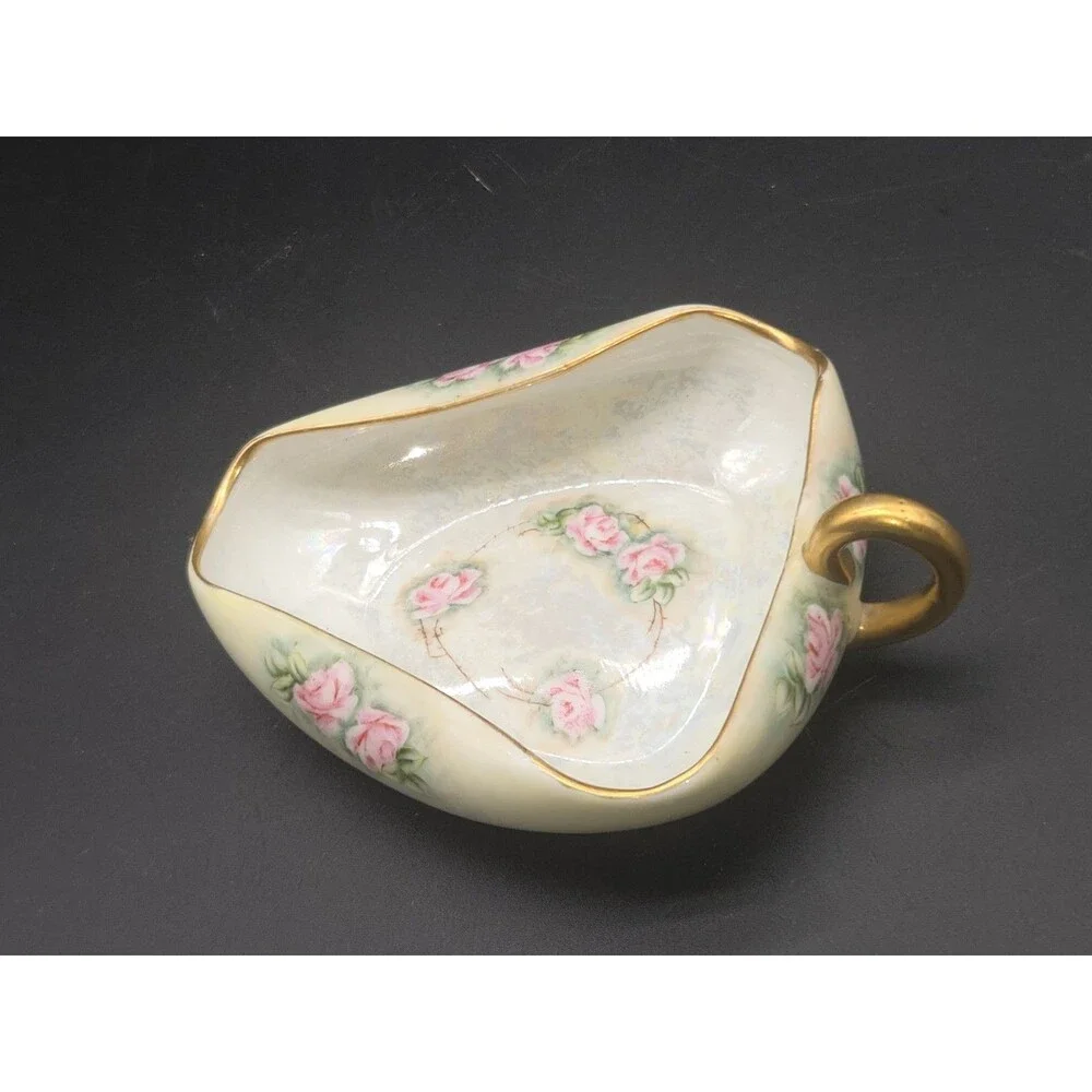 Vtg Epiag Royal Czechoslovakia Porcelain Candy Dish Gold Yellow Roses Triangle